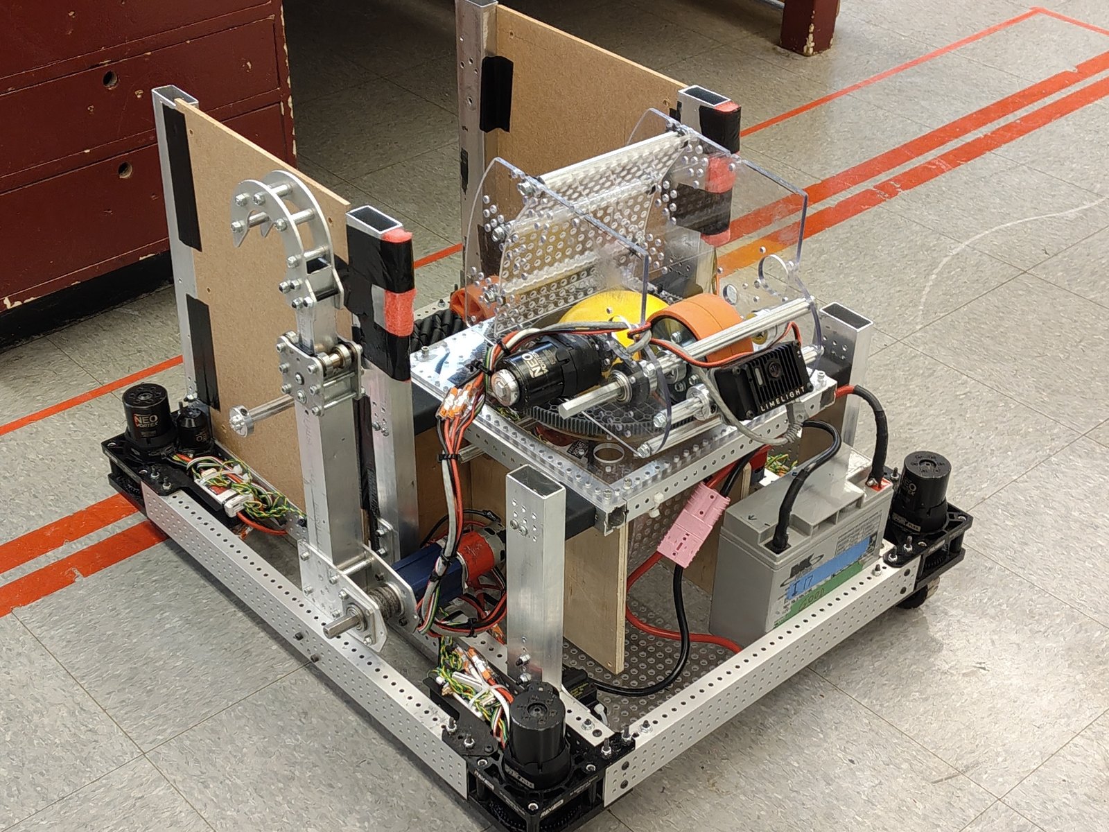 Team 7190's assembled competition robot with its chassis, turret and electrical system.