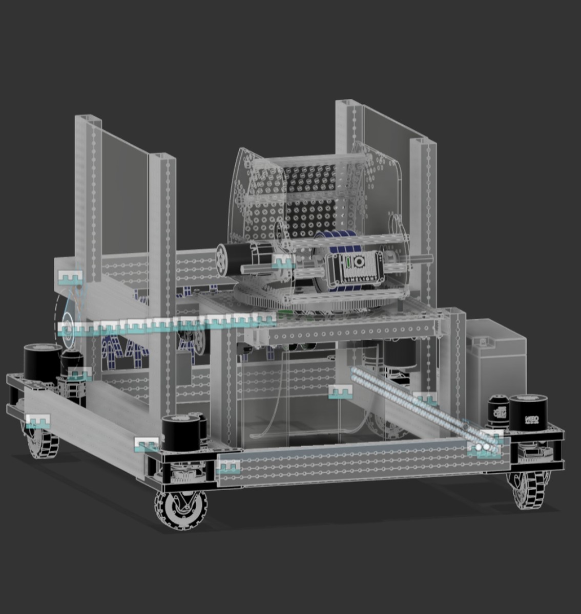 Fusion CAD assembly of Team 7190's 2026 robot showing its swerve chassis, turret, and game-piece path.