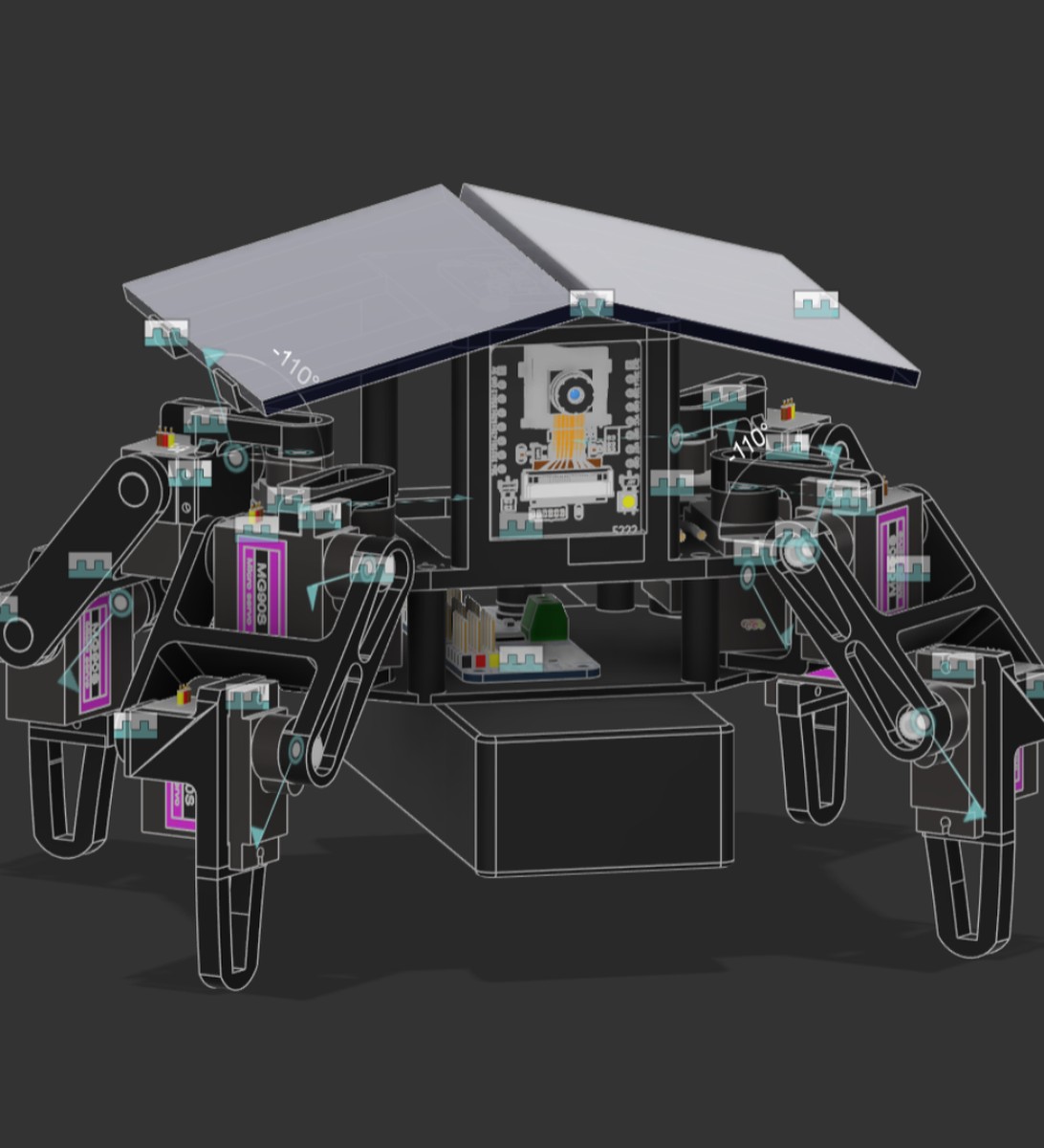 Fusion CAD assembly of the S.O.L.A.R. quadruped showing its 12 servo joints, controller, battery enclosure, and two solar panels.